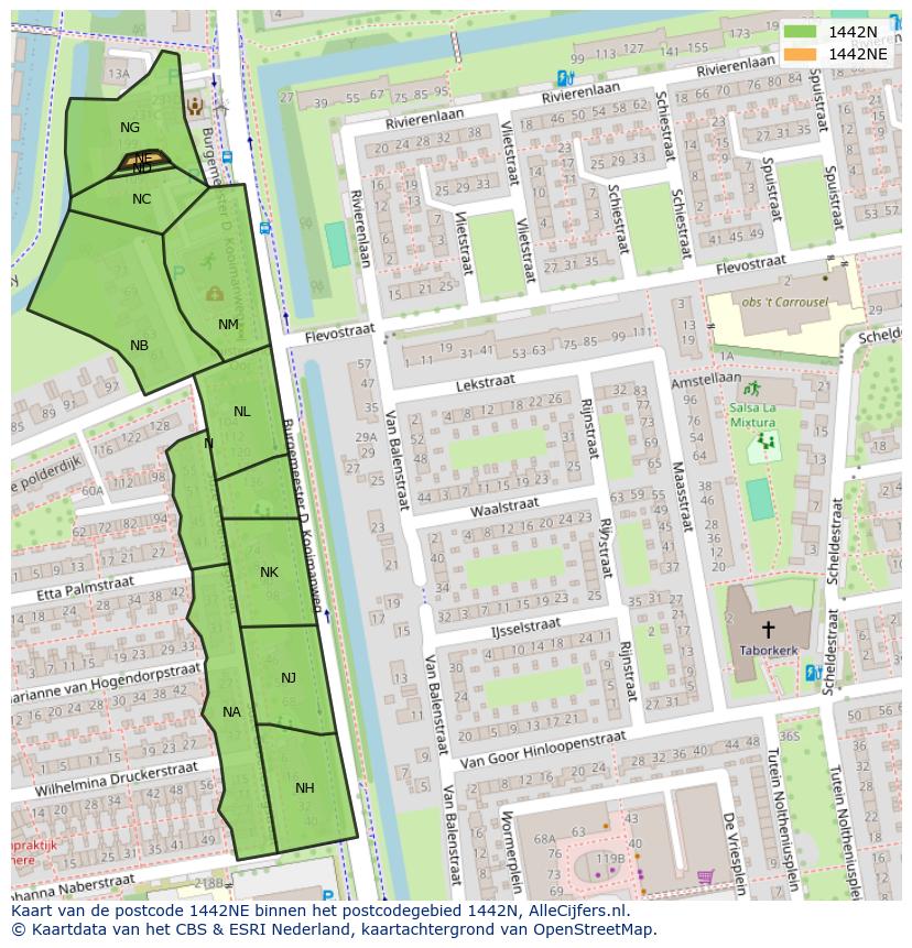 Afbeelding van het postcodegebied 1442 NE op de kaart.