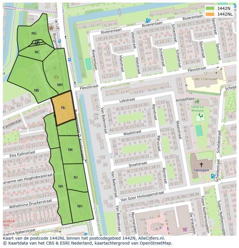 Afbeelding van het postcodegebied 1442 NL op de kaart.