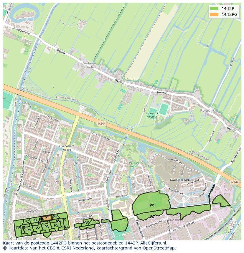 Afbeelding van het postcodegebied 1442 PG op de kaart.