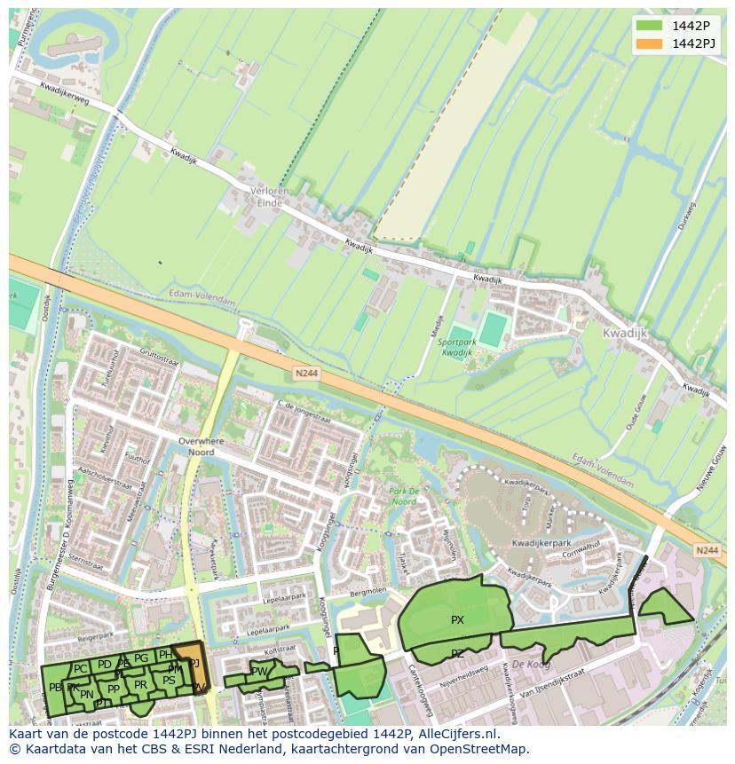 Afbeelding van het postcodegebied 1442 PJ op de kaart.
