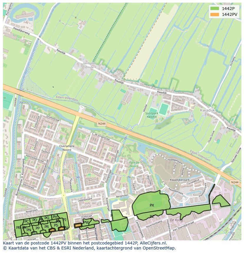 Afbeelding van het postcodegebied 1442 PV op de kaart.
