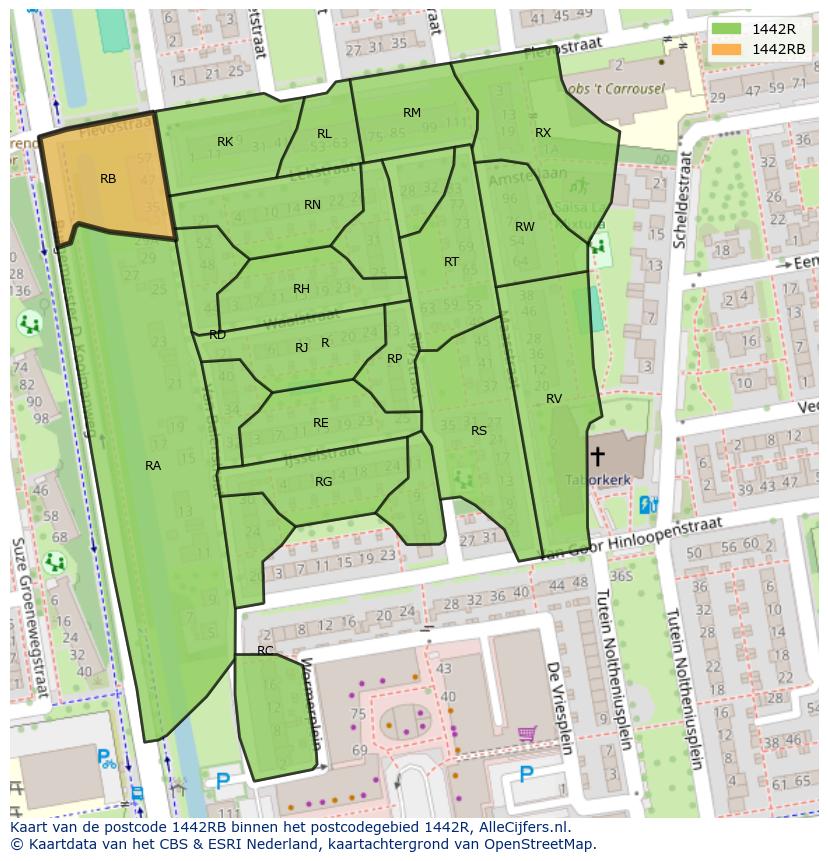 Afbeelding van het postcodegebied 1442 RB op de kaart.