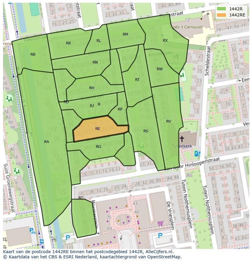 Afbeelding van het postcodegebied 1442 RE op de kaart.