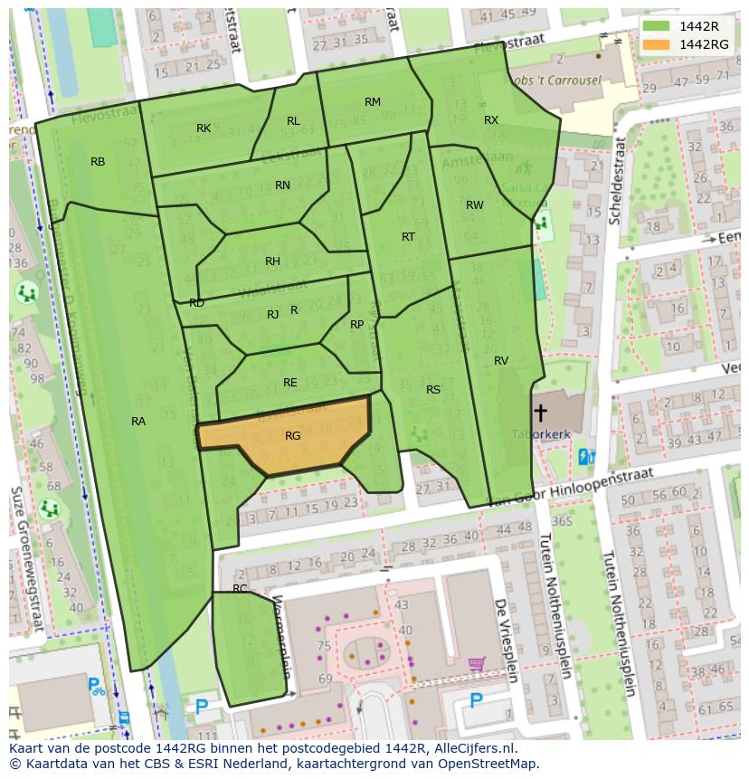 Afbeelding van het postcodegebied 1442 RG op de kaart.