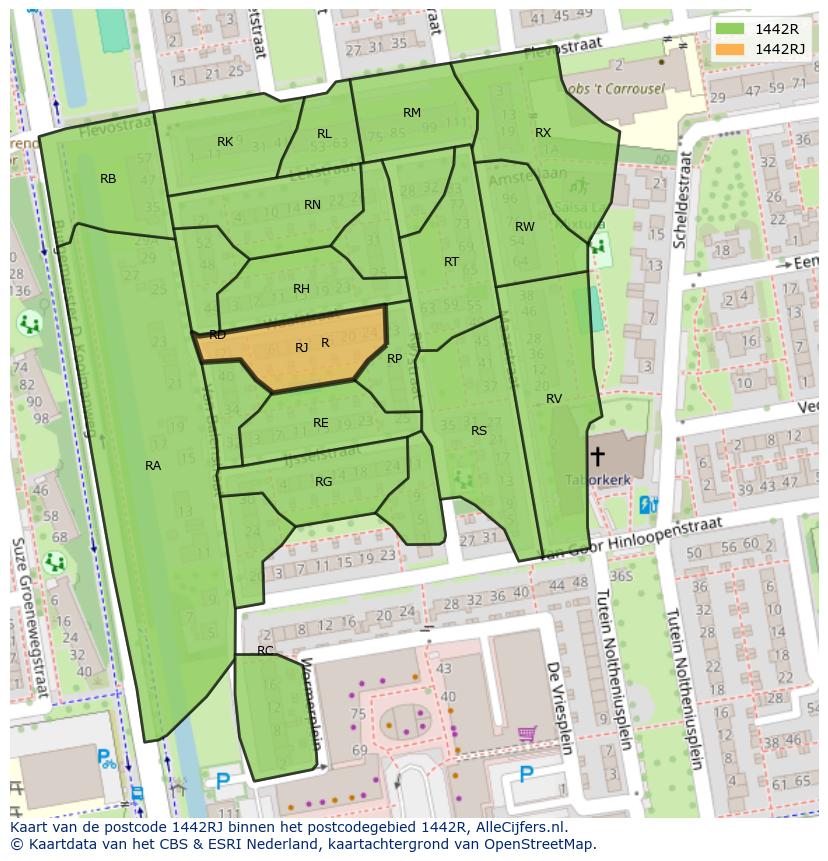 Afbeelding van het postcodegebied 1442 RJ op de kaart.