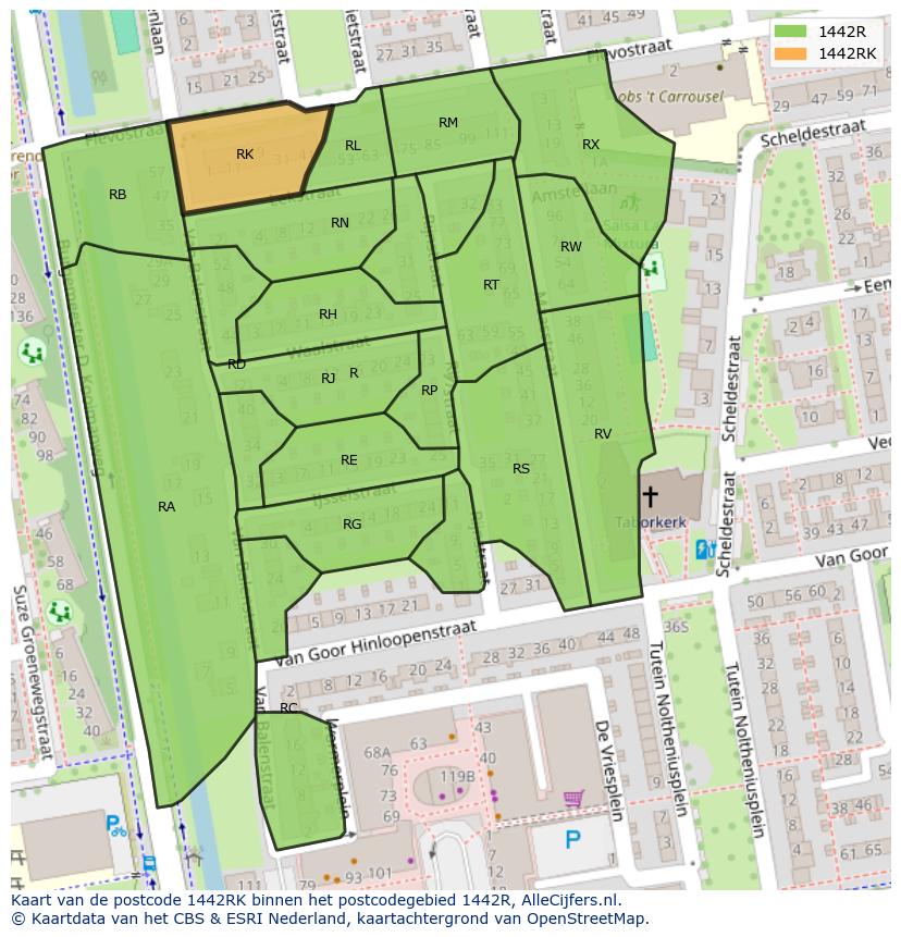 Afbeelding van het postcodegebied 1442 RK op de kaart.