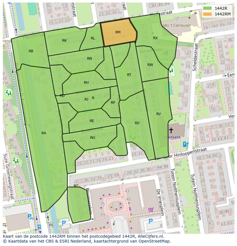 Afbeelding van het postcodegebied 1442 RM op de kaart.