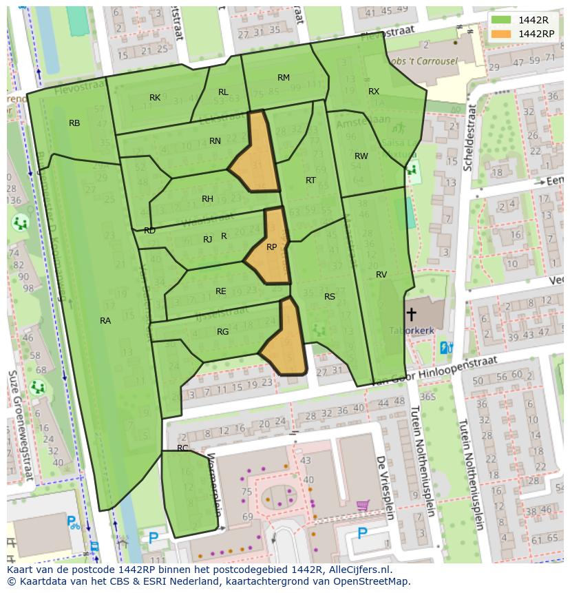 Afbeelding van het postcodegebied 1442 RP op de kaart.
