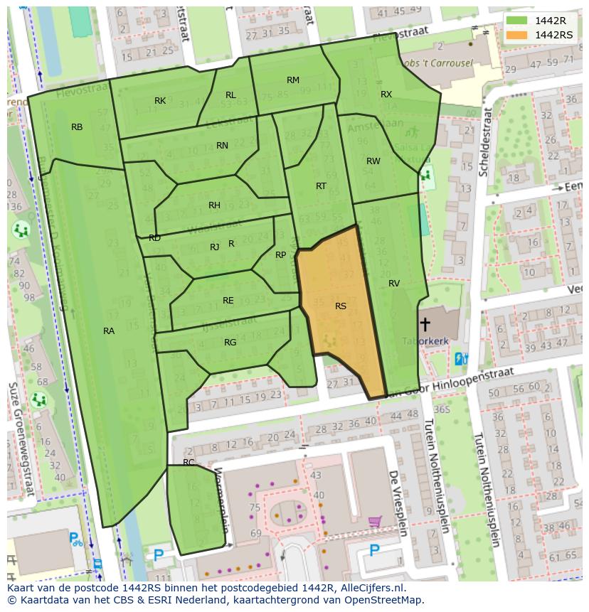 Afbeelding van het postcodegebied 1442 RS op de kaart.
