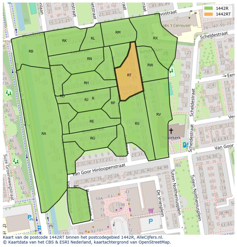 Afbeelding van het postcodegebied 1442 RT op de kaart.