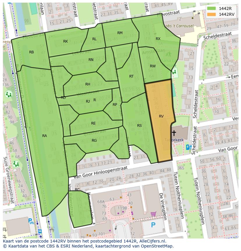 Afbeelding van het postcodegebied 1442 RV op de kaart.