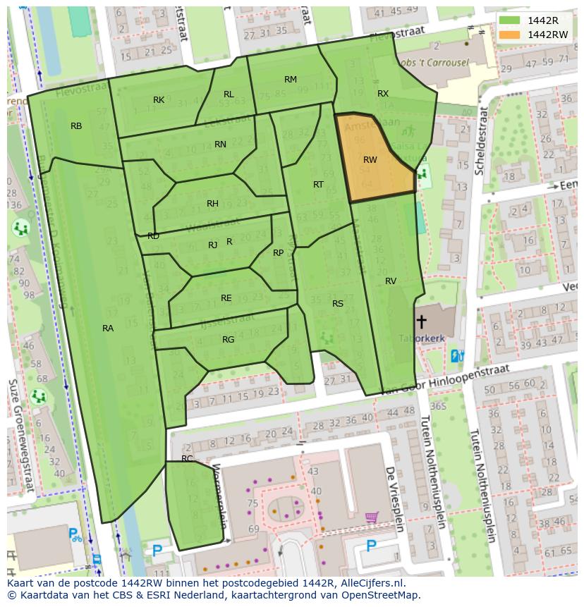 Afbeelding van het postcodegebied 1442 RW op de kaart.