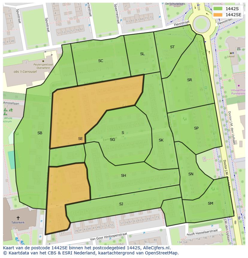 Afbeelding van het postcodegebied 1442 SE op de kaart.