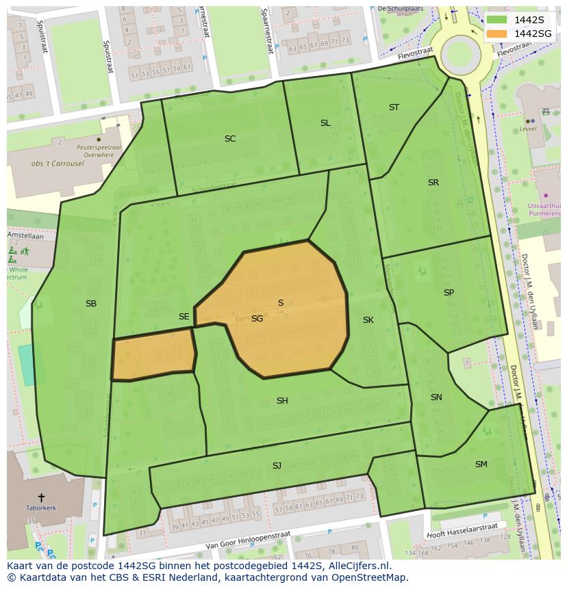 Afbeelding van het postcodegebied 1442 SG op de kaart.