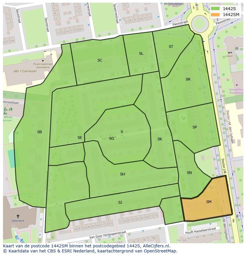 Afbeelding van het postcodegebied 1442 SM op de kaart.
