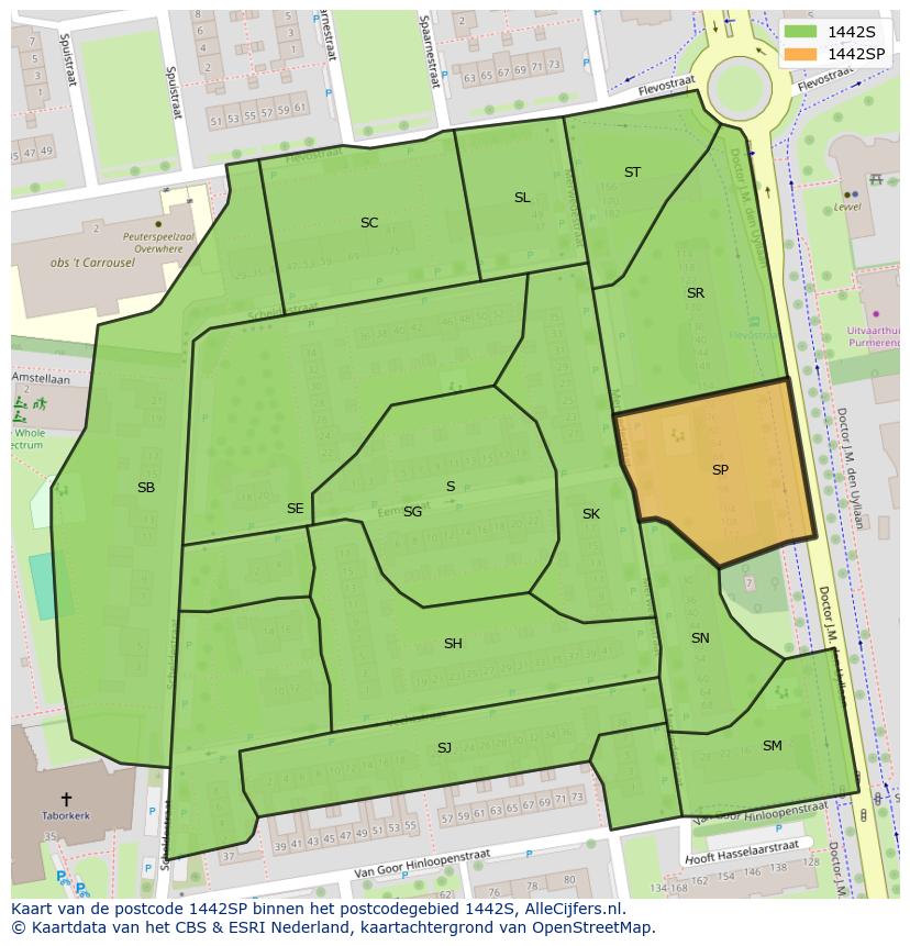 Afbeelding van het postcodegebied 1442 SP op de kaart.