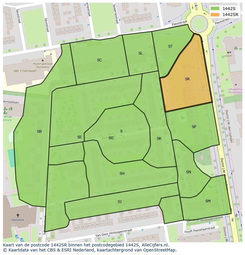 Afbeelding van het postcodegebied 1442 SR op de kaart.