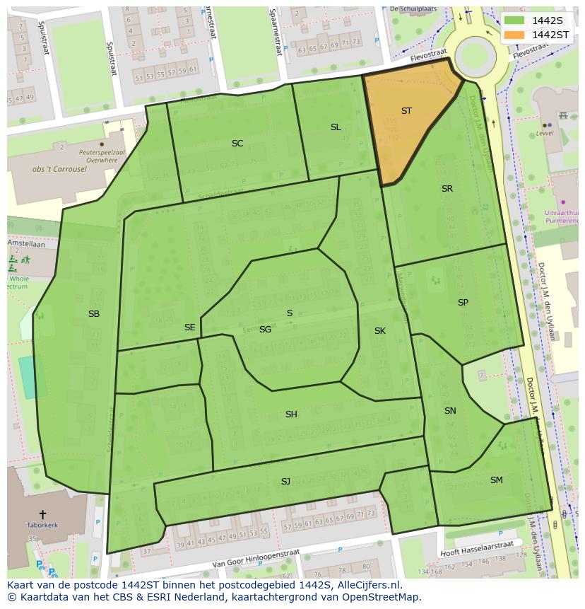 Afbeelding van het postcodegebied 1442 ST op de kaart.