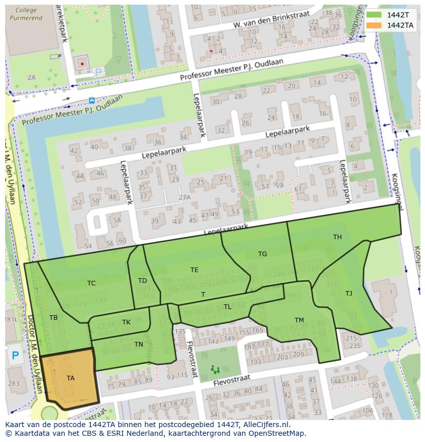 Afbeelding van het postcodegebied 1442 TA op de kaart.