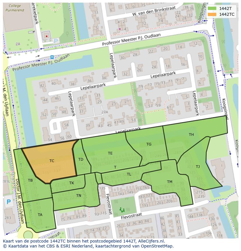Afbeelding van het postcodegebied 1442 TC op de kaart.