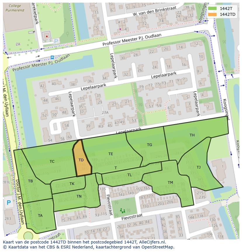 Afbeelding van het postcodegebied 1442 TD op de kaart.