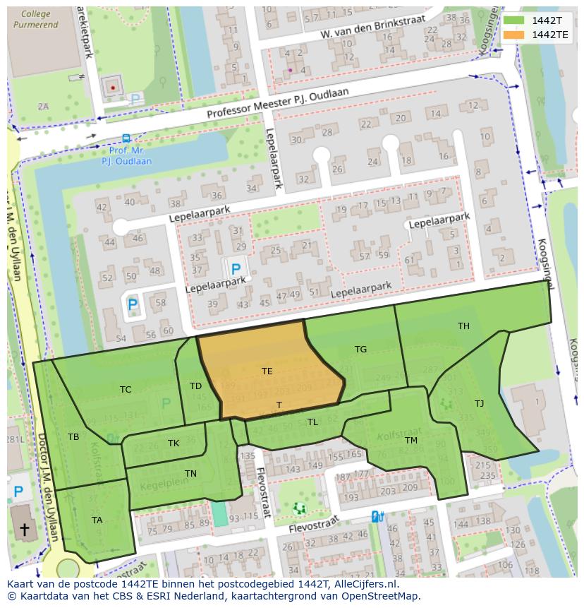 Afbeelding van het postcodegebied 1442 TE op de kaart.