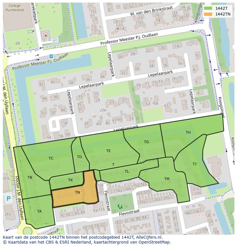 Afbeelding van het postcodegebied 1442 TN op de kaart.