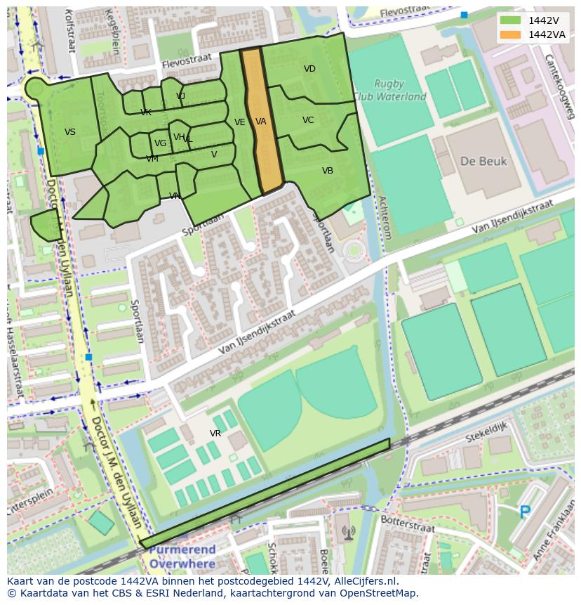Afbeelding van het postcodegebied 1442 VA op de kaart.