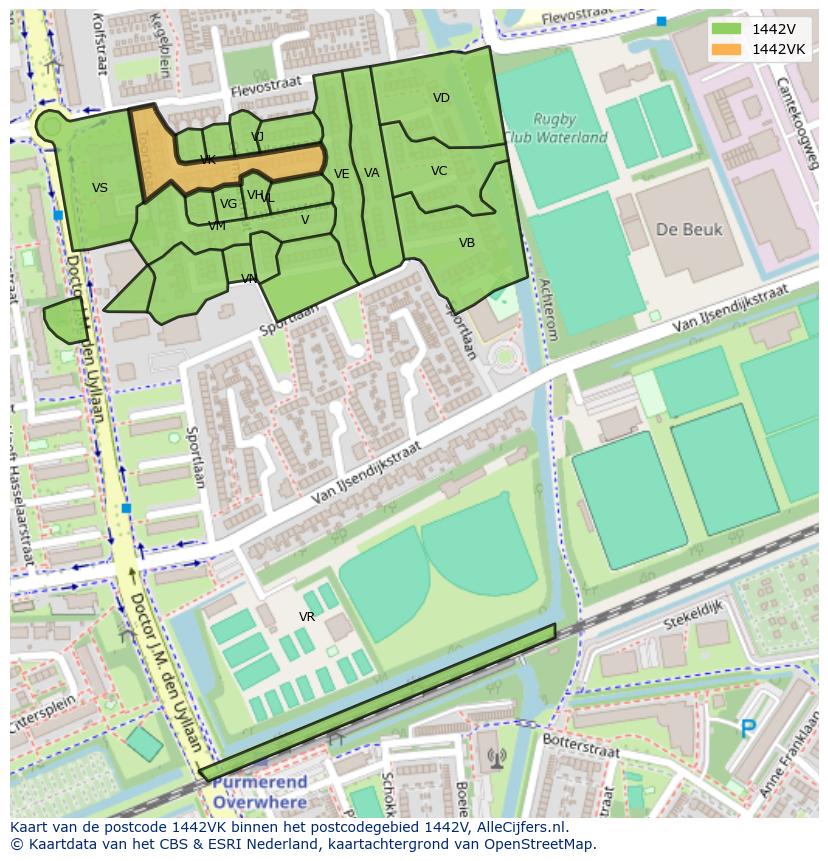 Afbeelding van het postcodegebied 1442 VK op de kaart.