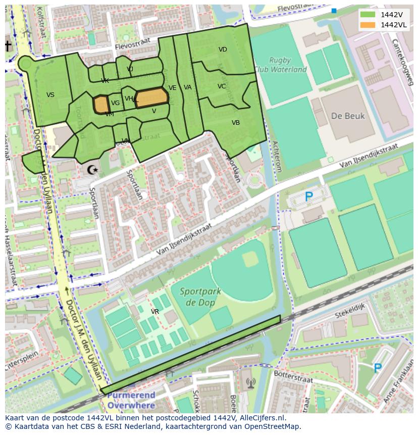 Afbeelding van het postcodegebied 1442 VL op de kaart.