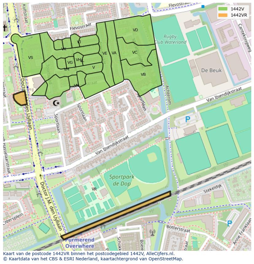 Afbeelding van het postcodegebied 1442 VR op de kaart.