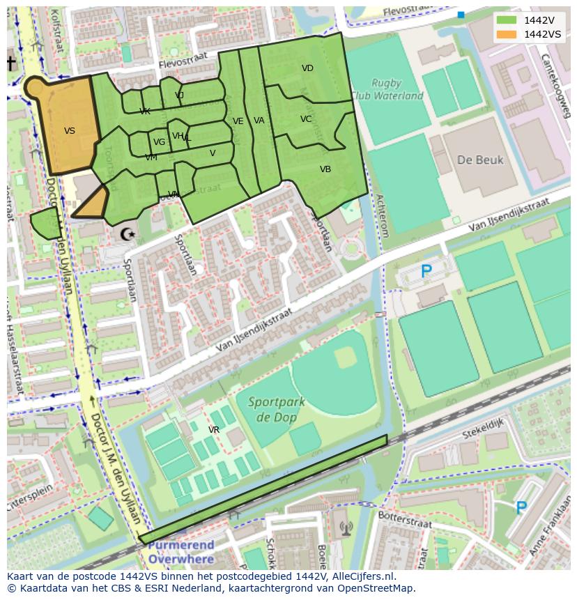 Afbeelding van het postcodegebied 1442 VS op de kaart.