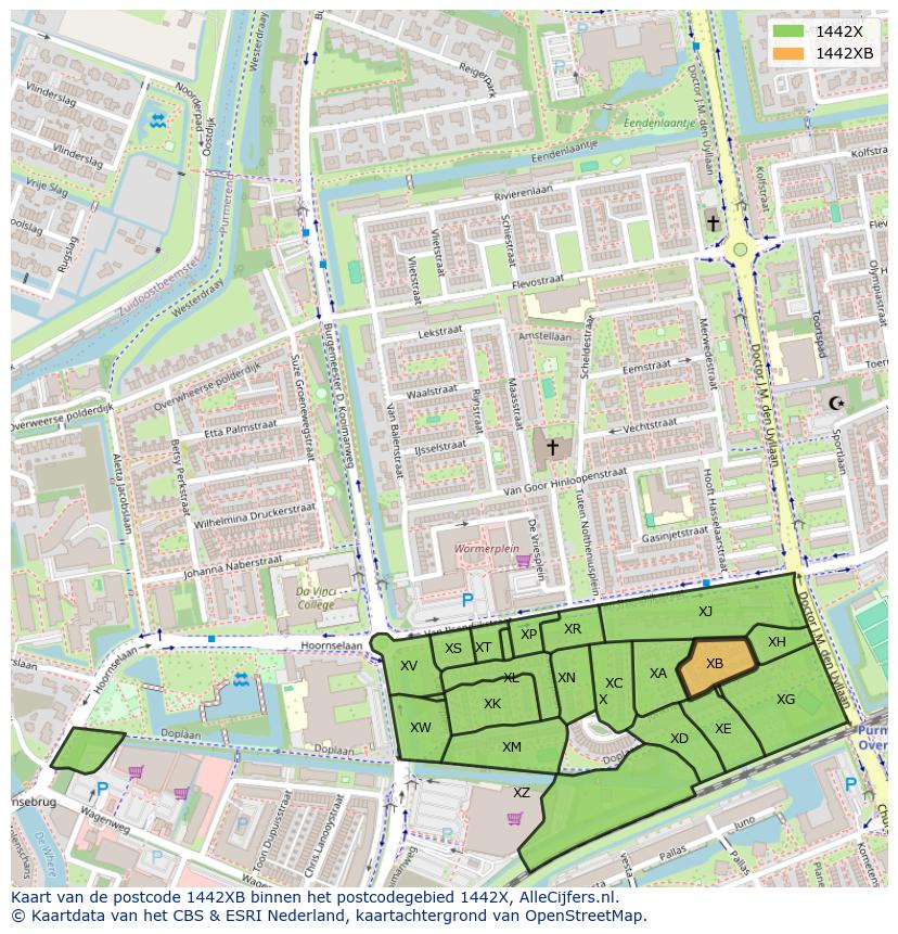 Afbeelding van het postcodegebied 1442 XB op de kaart.
