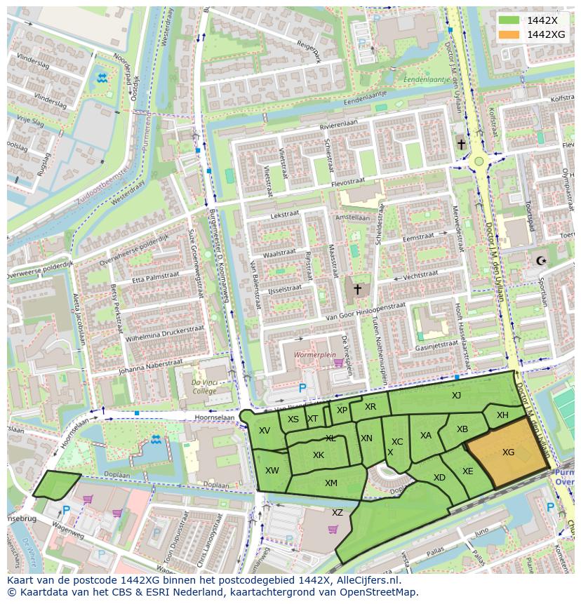 Afbeelding van het postcodegebied 1442 XG op de kaart.