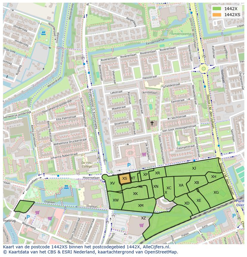 Afbeelding van het postcodegebied 1442 XS op de kaart.