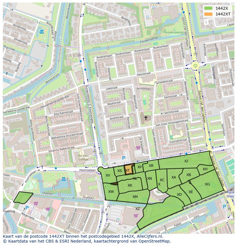 Afbeelding van het postcodegebied 1442 XT op de kaart.