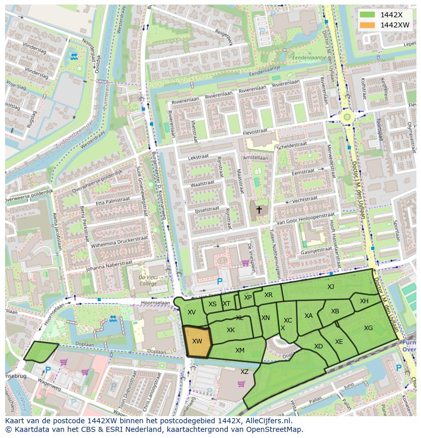 Afbeelding van het postcodegebied 1442 XW op de kaart.