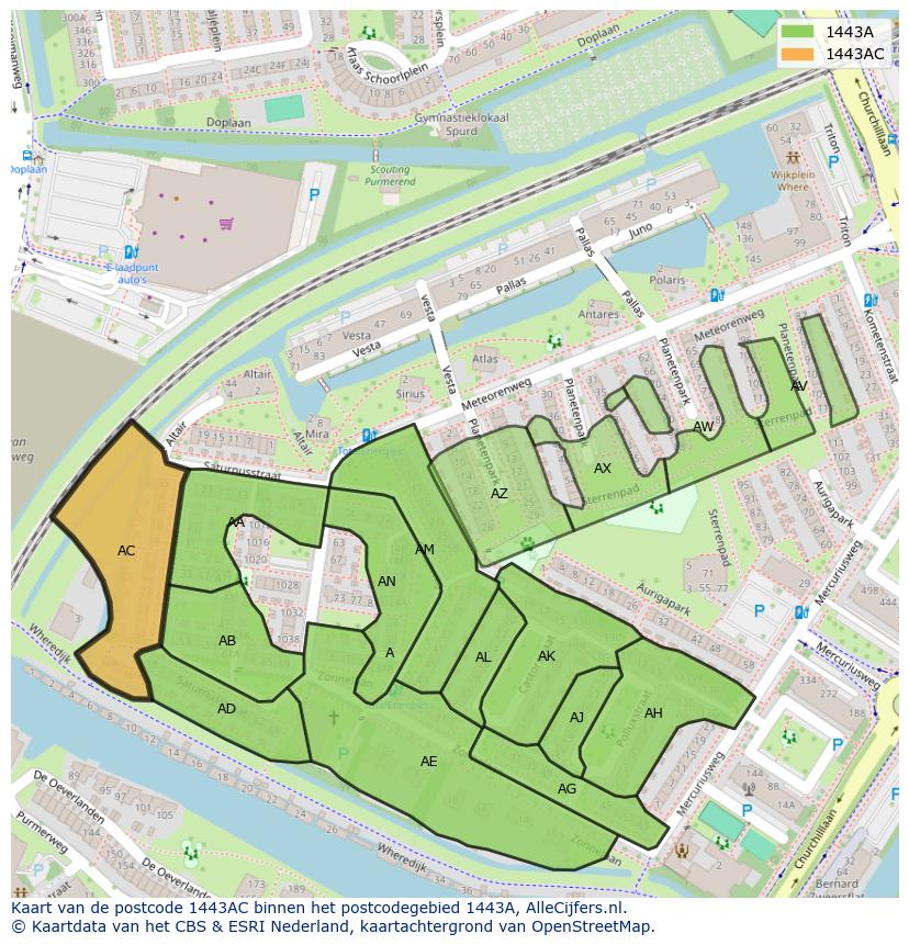 Afbeelding van het postcodegebied 1443 AC op de kaart.