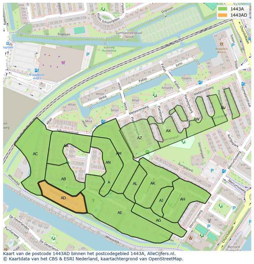 Afbeelding van het postcodegebied 1443 AD op de kaart.