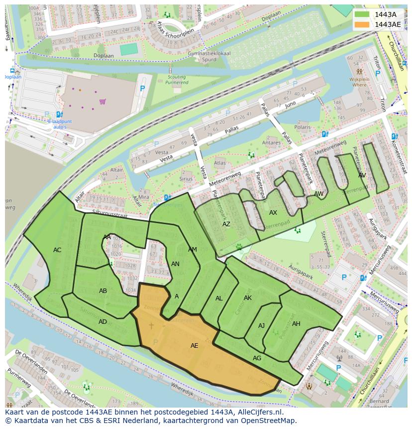 Afbeelding van het postcodegebied 1443 AE op de kaart.