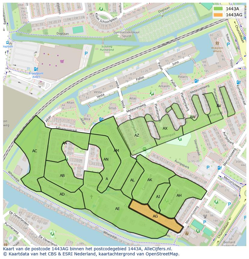 Afbeelding van het postcodegebied 1443 AG op de kaart.