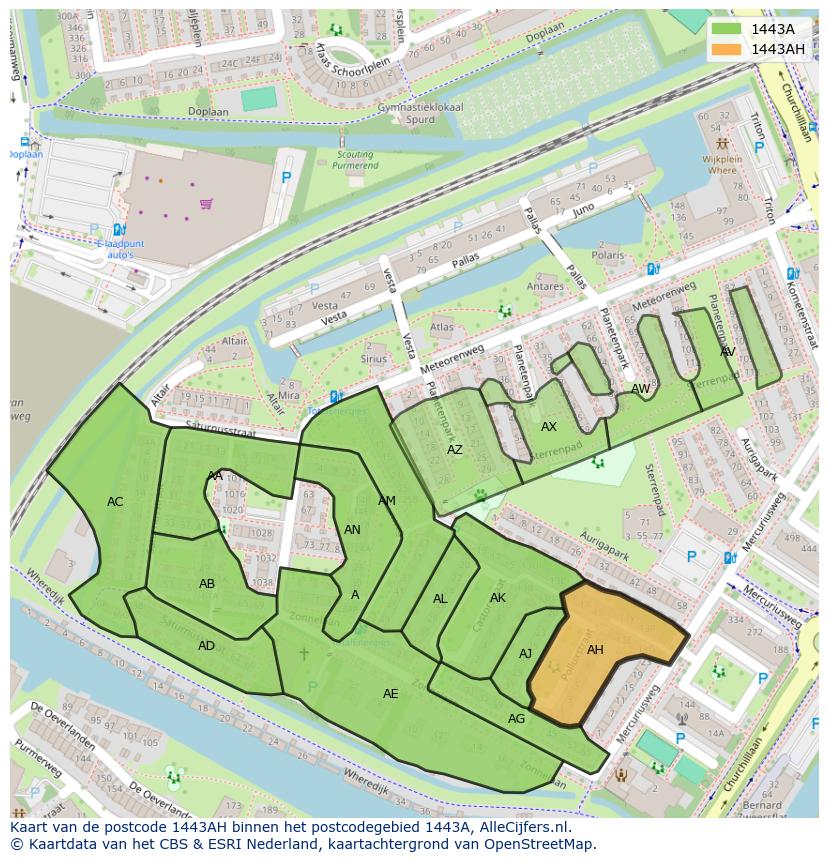 Afbeelding van het postcodegebied 1443 AH op de kaart.