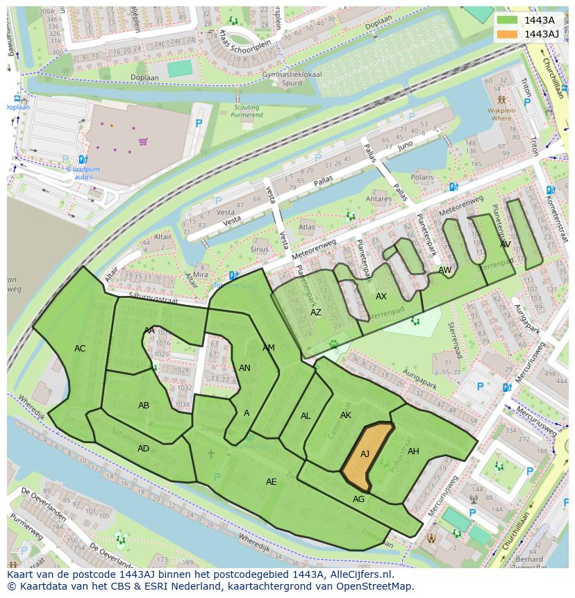 Afbeelding van het postcodegebied 1443 AJ op de kaart.