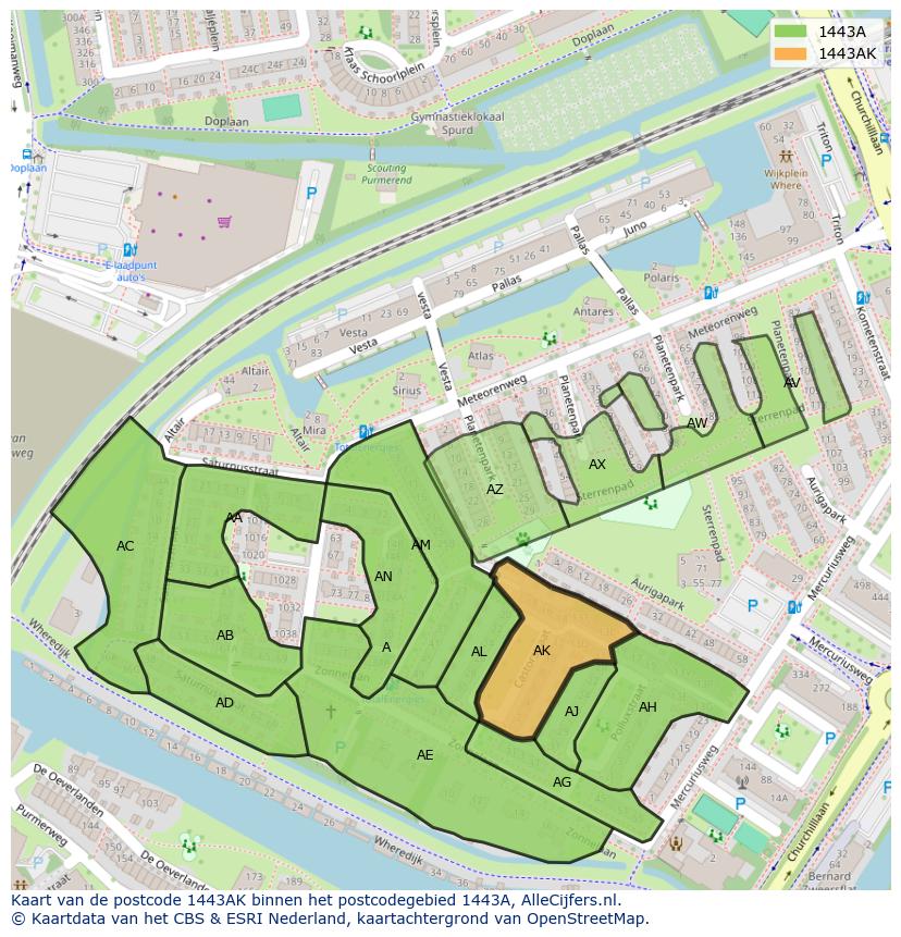 Afbeelding van het postcodegebied 1443 AK op de kaart.