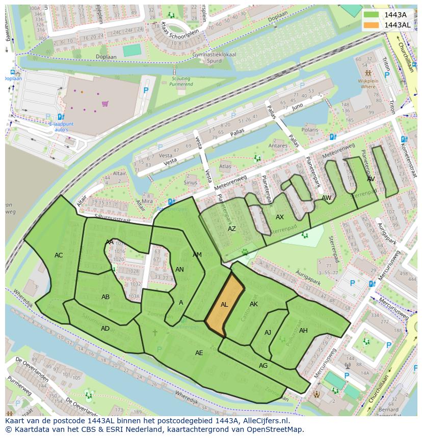 Afbeelding van het postcodegebied 1443 AL op de kaart.