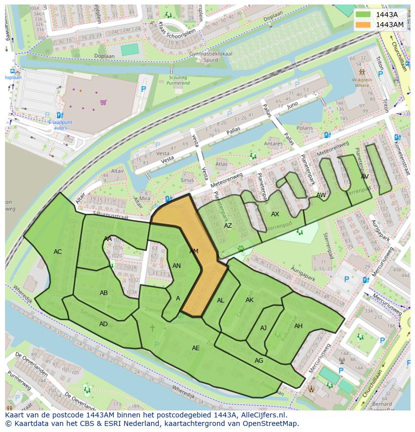 Afbeelding van het postcodegebied 1443 AM op de kaart.