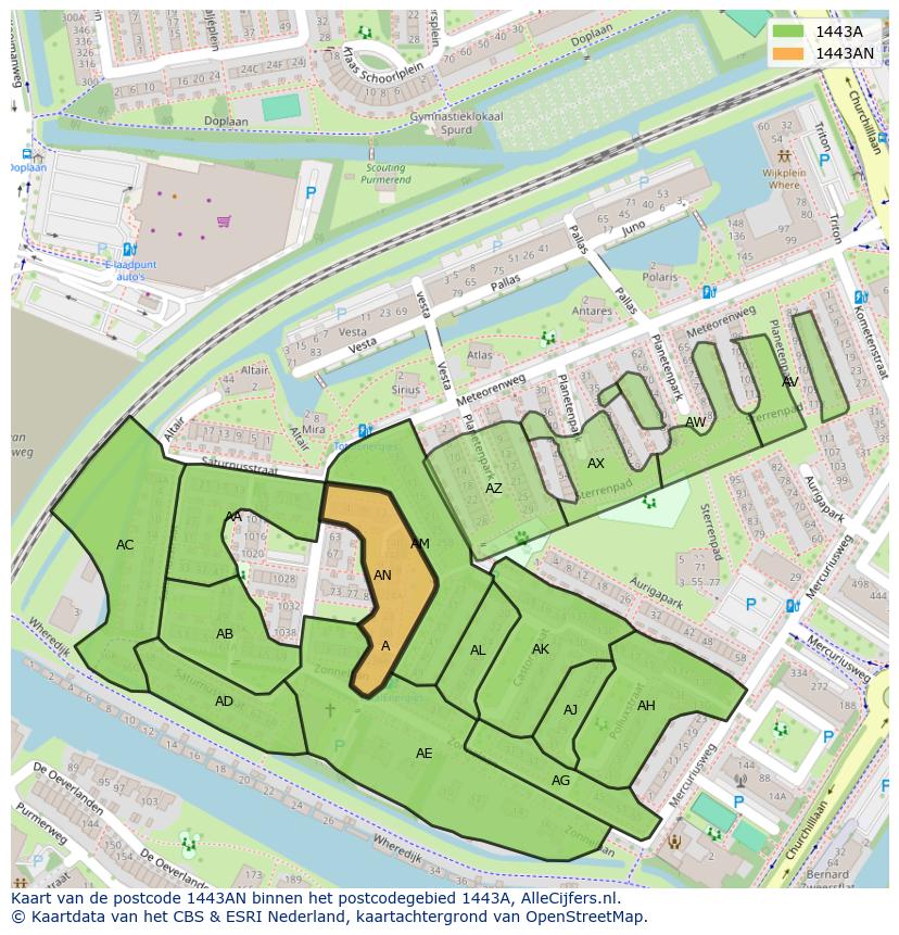 Afbeelding van het postcodegebied 1443 AN op de kaart.