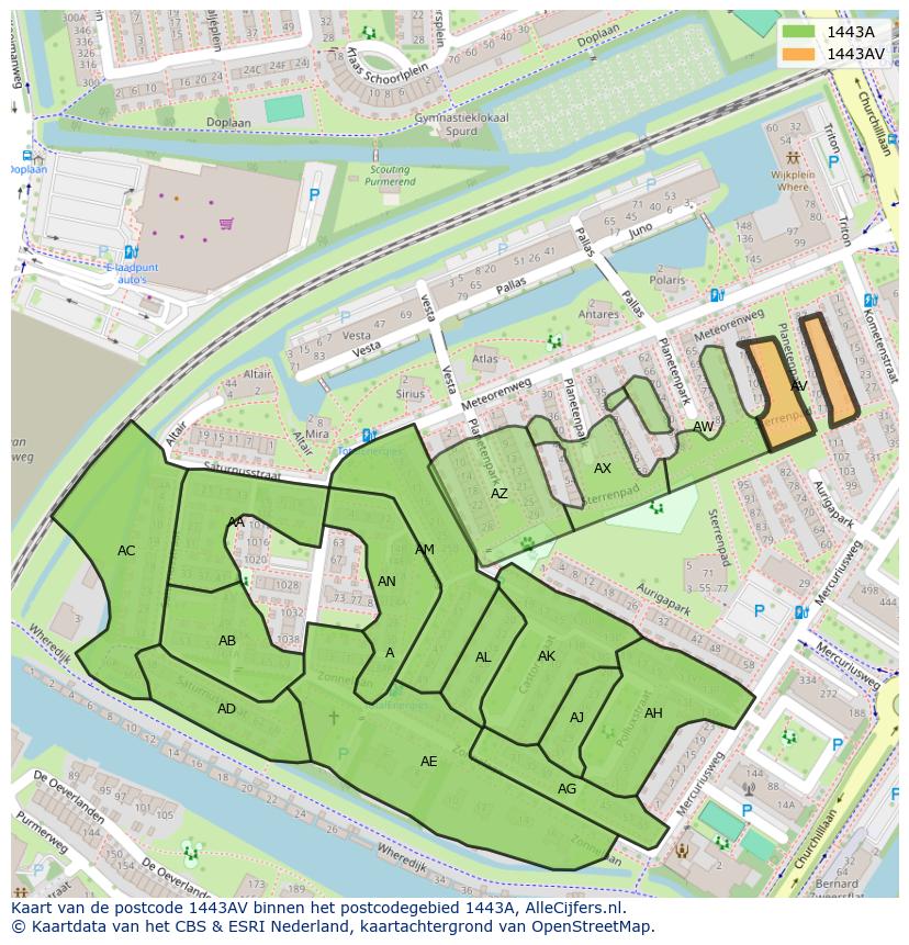 Afbeelding van het postcodegebied 1443 AV op de kaart.