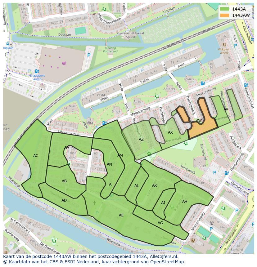 Afbeelding van het postcodegebied 1443 AW op de kaart.