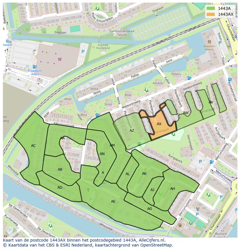 Afbeelding van het postcodegebied 1443 AX op de kaart.